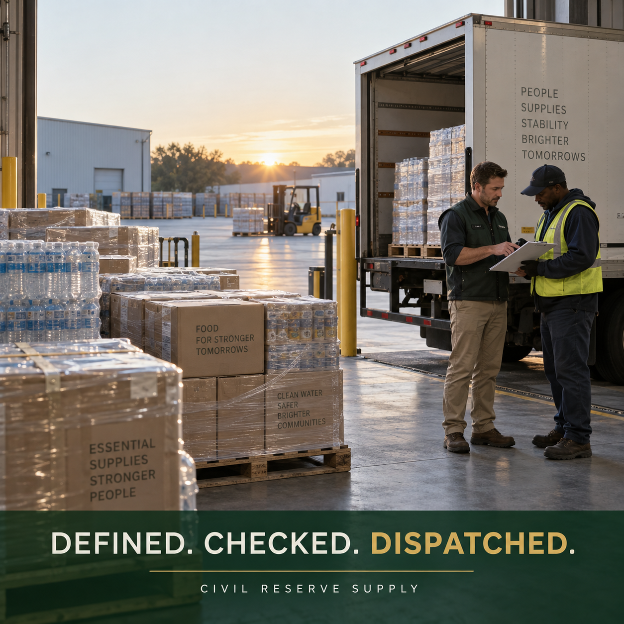 Illustration of a warehouse dispatch team checking food pallets
